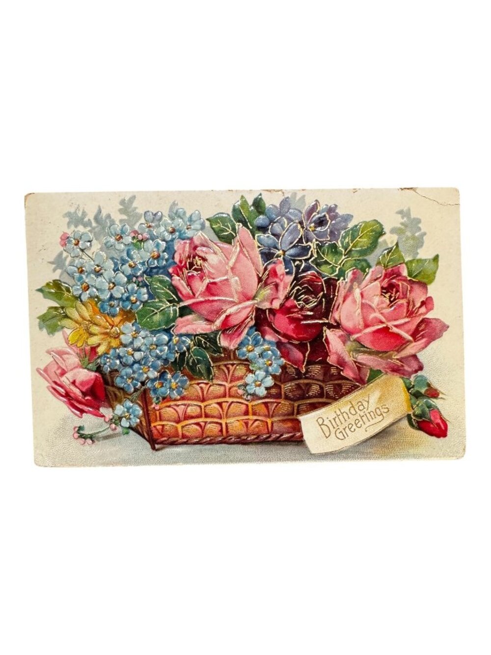 Embossed Vtg Postcard Basket Of Roses Birthday Greetings 1910 Printed In Germany